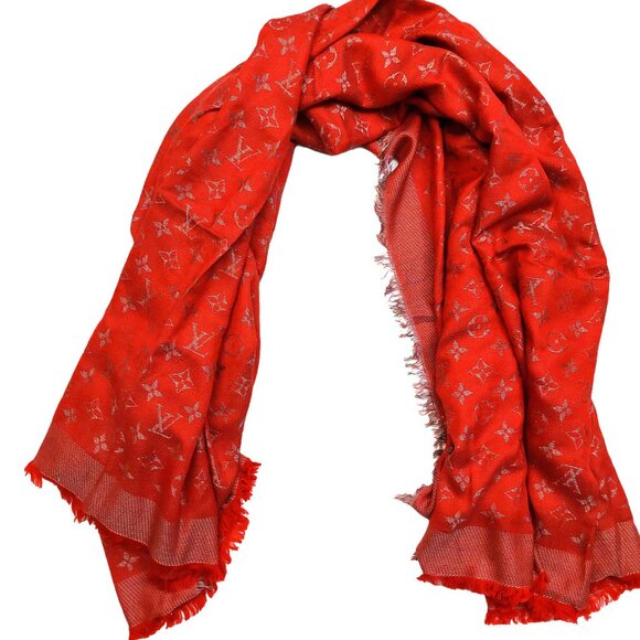 LOUIS VUITTON LV Vintage Red & Silver Metallic Silk Wool Scarf Shawl Wrap - Picture 2 of 10